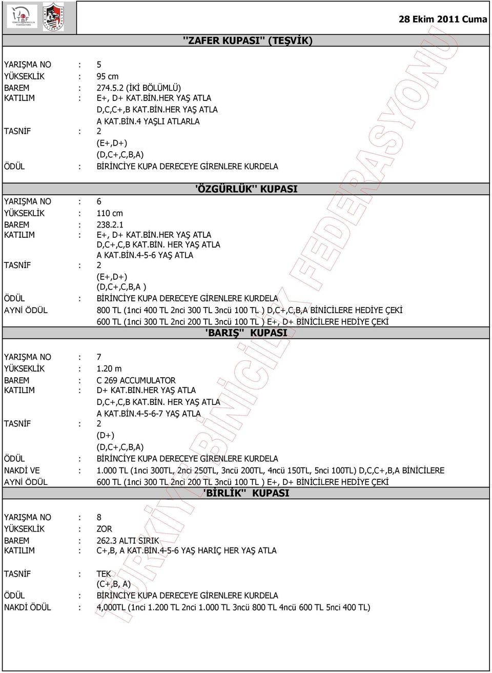 BİN.4-5-6 YAŞ ATLA (E+,D+) (D,C+,C,B,A ) 800 TL (1nci 400 TL 2nci 300 TL 3ncü 100 TL ) D,C+,C,B,A BİNİCİLERE HEDİYE ÇEKİ 600 TL (1nci 300 TL 2nci 200 TL 3ncü 100 TL ) E+, D+ BİNİCİLERE HEDİYE ÇEKİ