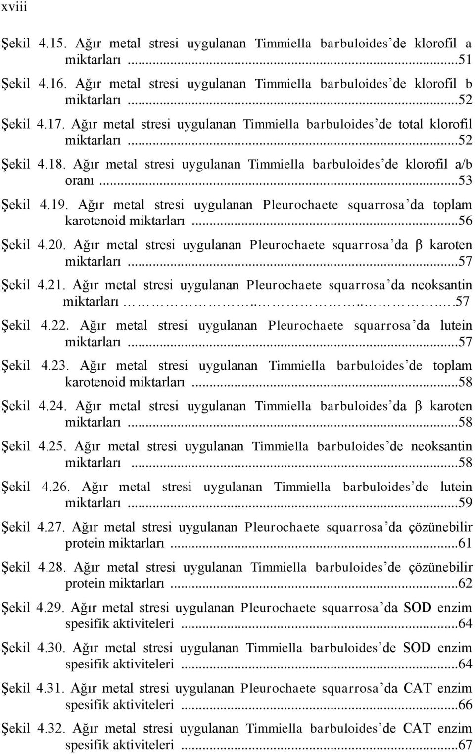 Ağır metal stresi uygulanan Pleurochaete squarrosa da toplam karotenoid miktarları... 56 Şekil 4.20. Ağır metal stresi uygulanan Pleurochaete squarrosa da β karoten miktarları... 57 Şekil 4.21.