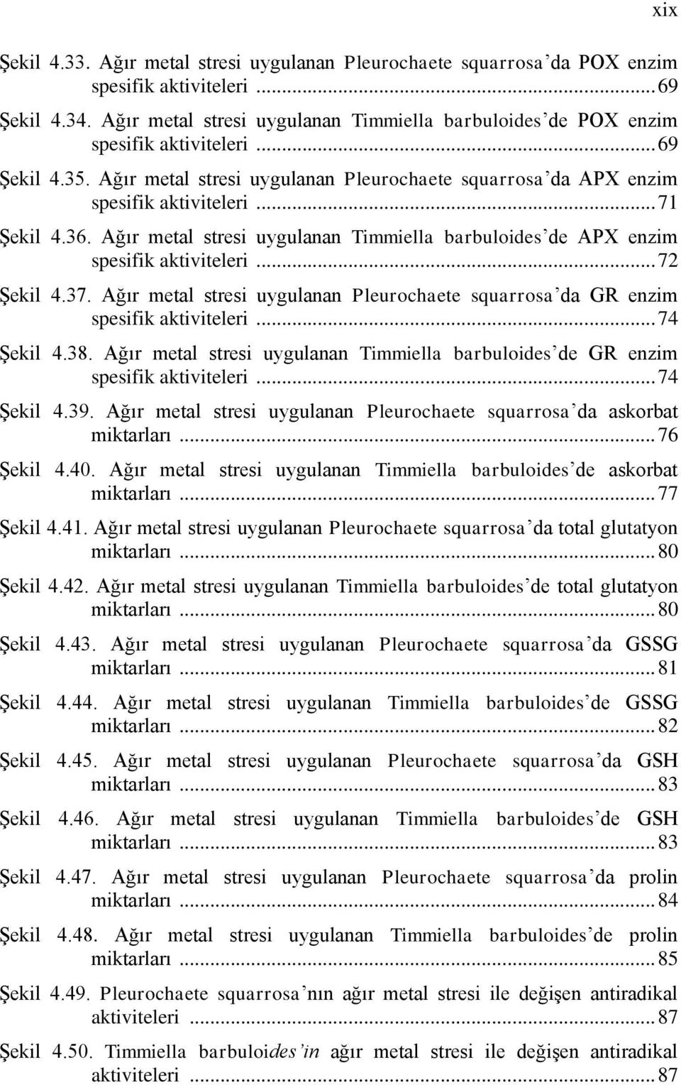 .. 71 Şekil 4.36. Ağır metal stresi uygulanan Timmiella barbuloides de APX enzim spesifik aktiviteleri... 72 Şekil 4.37.