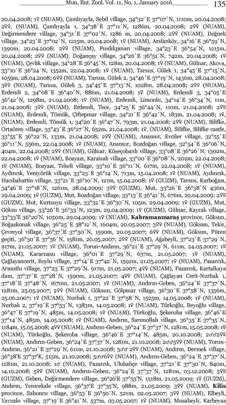 04.2008; 1 (NUAM), Çevlik village, 34 28 E 36 45 N, 128m, 20.04.2008; 1 (NUAM), Gülnar, Akova, 33 10 E 36 24 N, 1352m, 22.04.2008; 1 (NUAM), Tarsus, Gülek 1, 34 45 E 37 15 N, 1059m, 28.04.2008; 6 (NUAM), Tarsus, Gülek 2, 34 46 E 37 19 N, 1436m, 28.