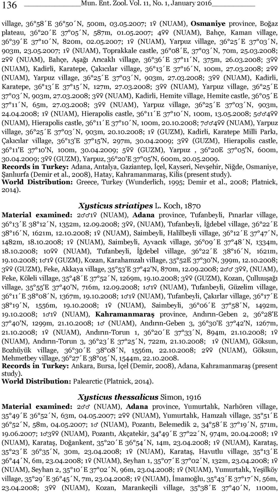 03.2008; 3 (NUAM), Kadirli, Karatepe, Çakıcılar village, 36 13 E 37 16 N, 100m, 27.03.2008; 2 (NUAM), Yarpuz village, 36 25 E 37 03 N, 903m, 27.03.2008; 3 (NUAM), Kadirli, Karatepe, 36 13 E 37 15 N, 127m, 27.