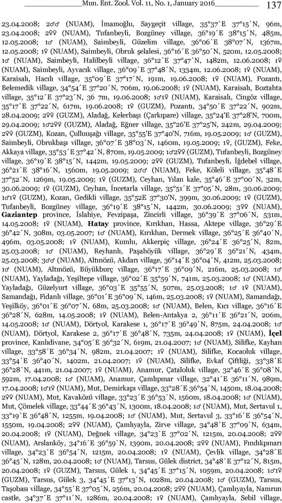 06.2008; 1 (NUAM), Saimbeyli, Ayvacık village, 36 09 E 37 48 N, 1334m, 12.06.2008; 1 (NUAM), Karaisalı, Hacılı village, 35 09 E 37 17 N, 191m, 19.06.2008; 1 (NUAM), Pozantı, Belemedik village, 34 54 E 37 20 N, 706m, 19.