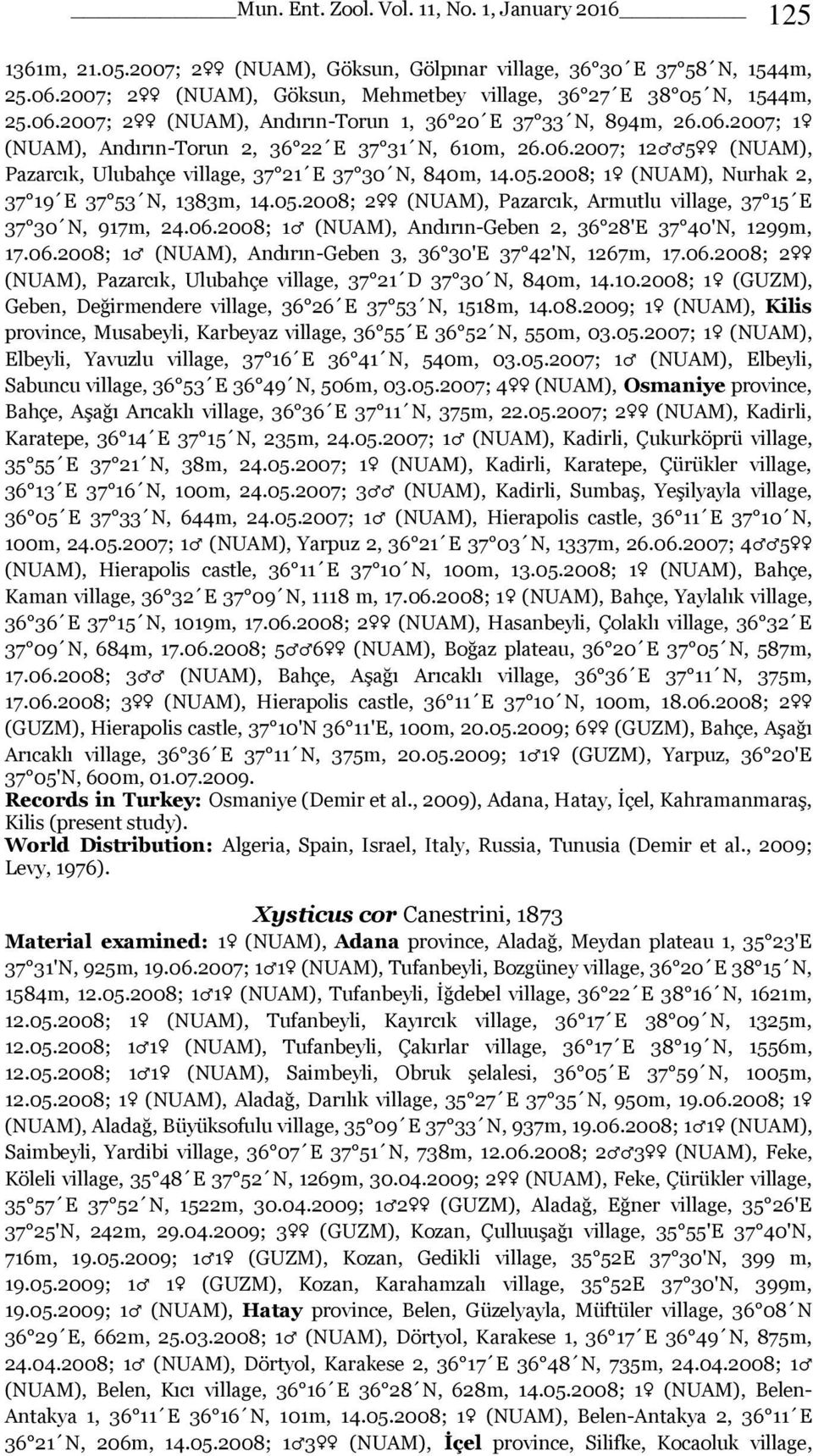 2008; 1 (NUAM), Nurhak 2, 37 19 E 37 53 N, 1383m, 14.05.2008; 2 (NUAM), Pazarcık, Armutlu village, 37 15 E 37 30 N, 917m, 24.06.2008; 1 (NUAM), Andırın-Geben 2, 36 28'E 37 40'N, 1299m, 17.06.2008; 1 (NUAM), Andırın-Geben 3, 36 30'E 37 42'N, 1267m, 17.