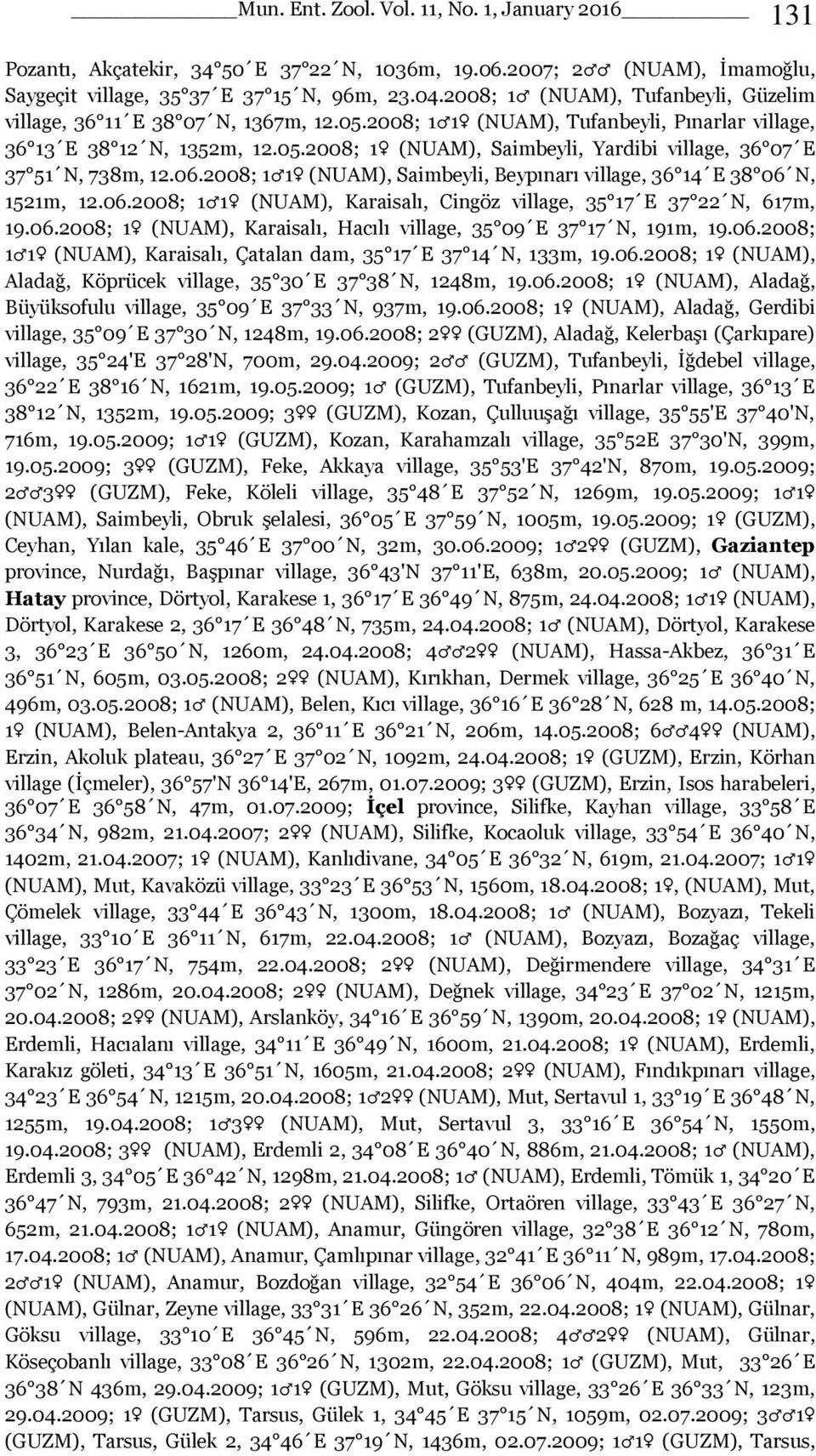 2008; 1 1 (NUAM), Saimbeyli, Beypınarı village, 36 14 E 38 06 N, 1521m, 12.06.2008; 1 1 (NUAM), Karaisalı, Cingöz village, 35 17 E 37 22 N, 617m, 19.06.2008; 1 (NUAM), Karaisalı, Hacılı village, 35 09 E 37 17 N, 191m, 19.