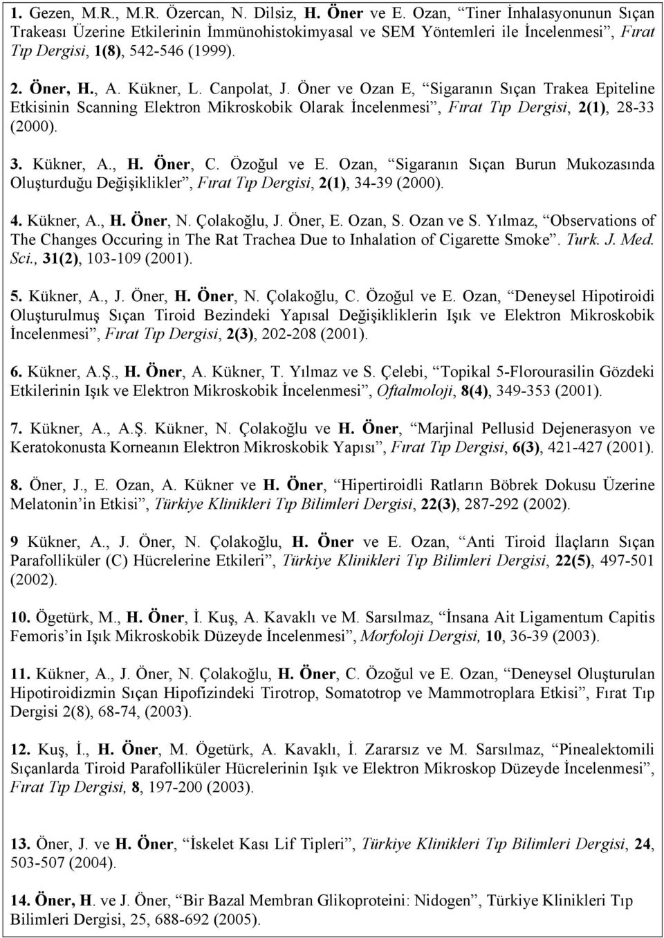 Öner ve Ozan E, Sigaranın Sıçan Trakea Epiteline Etkisinin Scanning Elektron Mikroskobik Olarak İncelenmesi, Fırat Tıp Dergisi, 2(1), 28-33 (2000). 3. Kükner, A., H. Öner, C. Özoğul ve E.