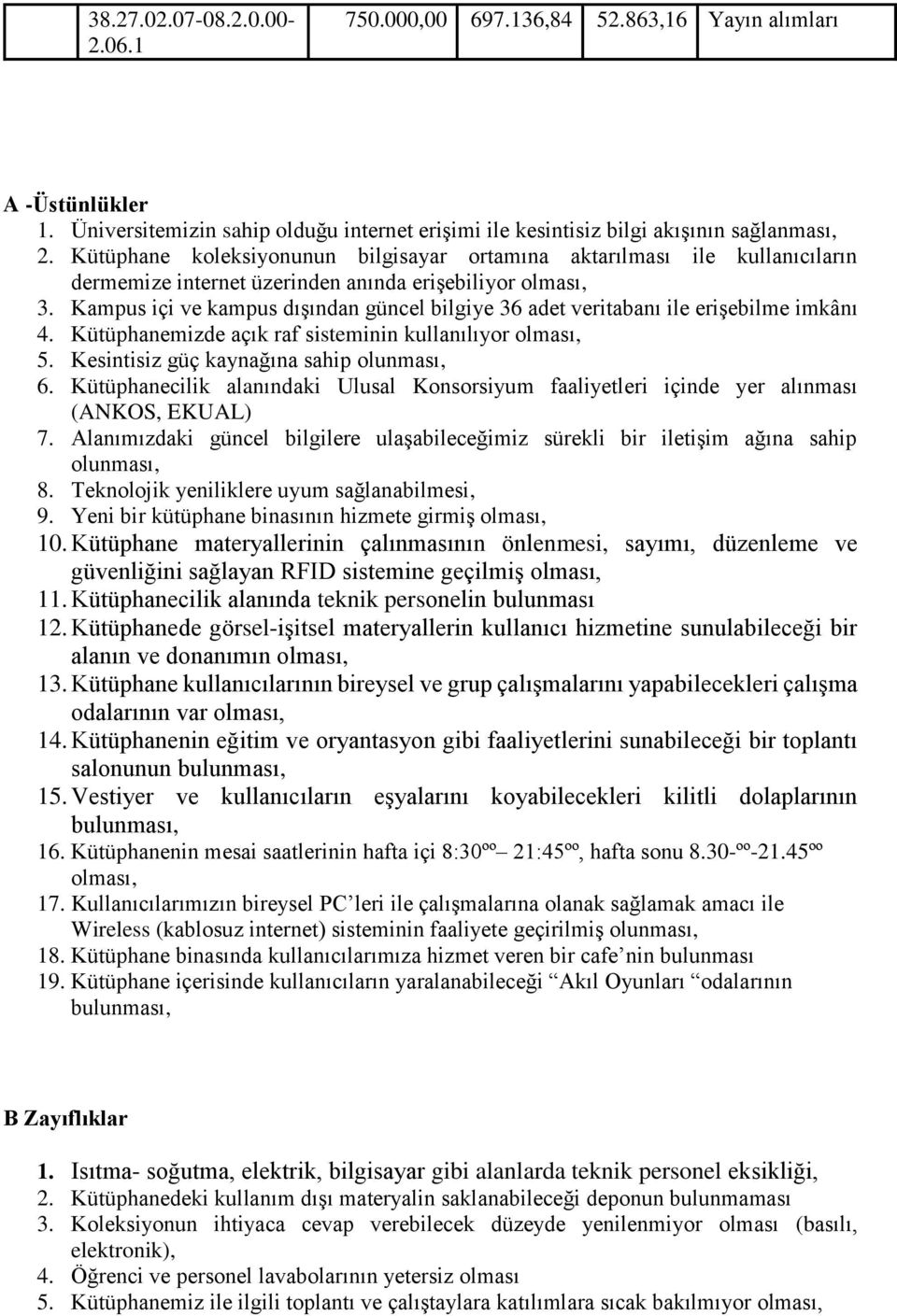 Kampus içi ve kampus dışından güncel bilgiye 36 adet veritabanı ile erişebilme imkânı 4. Kütüphanemizde açık raf sisteminin kullanılıyor olması, 5. Kesintisiz güç kaynağına sahip olunması, 6.