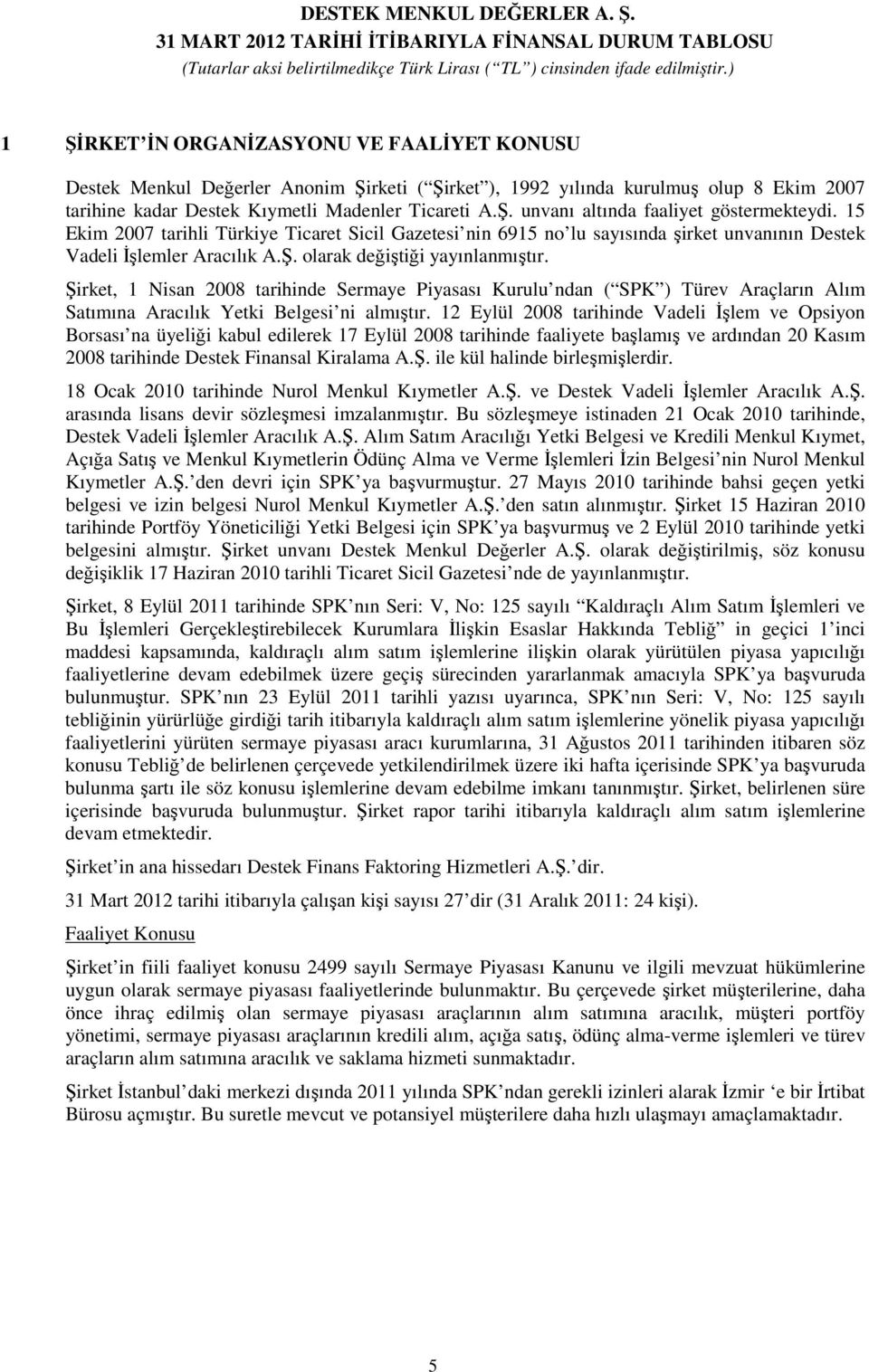 Şirket, 1 Nisan 2008 tarihinde Sermaye Piyasası Kurulu ndan ( SPK ) Türev Araçların Alım Satımına Aracılık Yetki Belgesi ni almıştır.