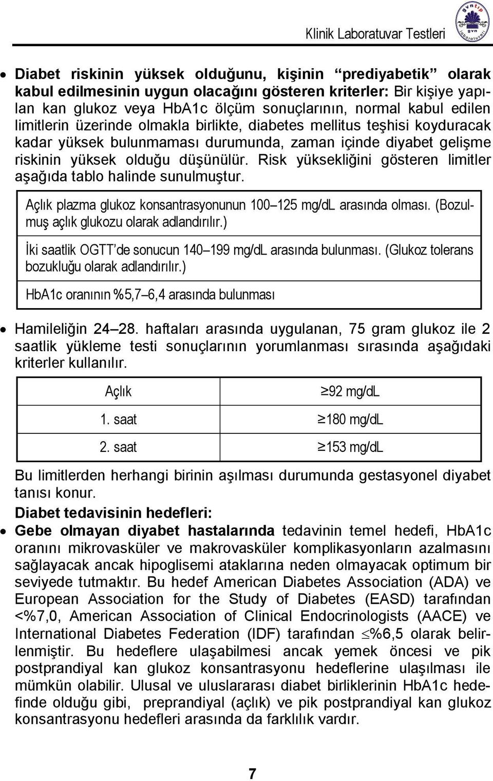 düşünülür. Risk yüksekliğini gösteren limitler aşağıda tablo halinde sunulmuştur. Açlık plazma glukoz konsantrasyonunun 100 125 mg/dl arasında olması. (Bozulmuş açlık glukozu olarak adlandırılır.