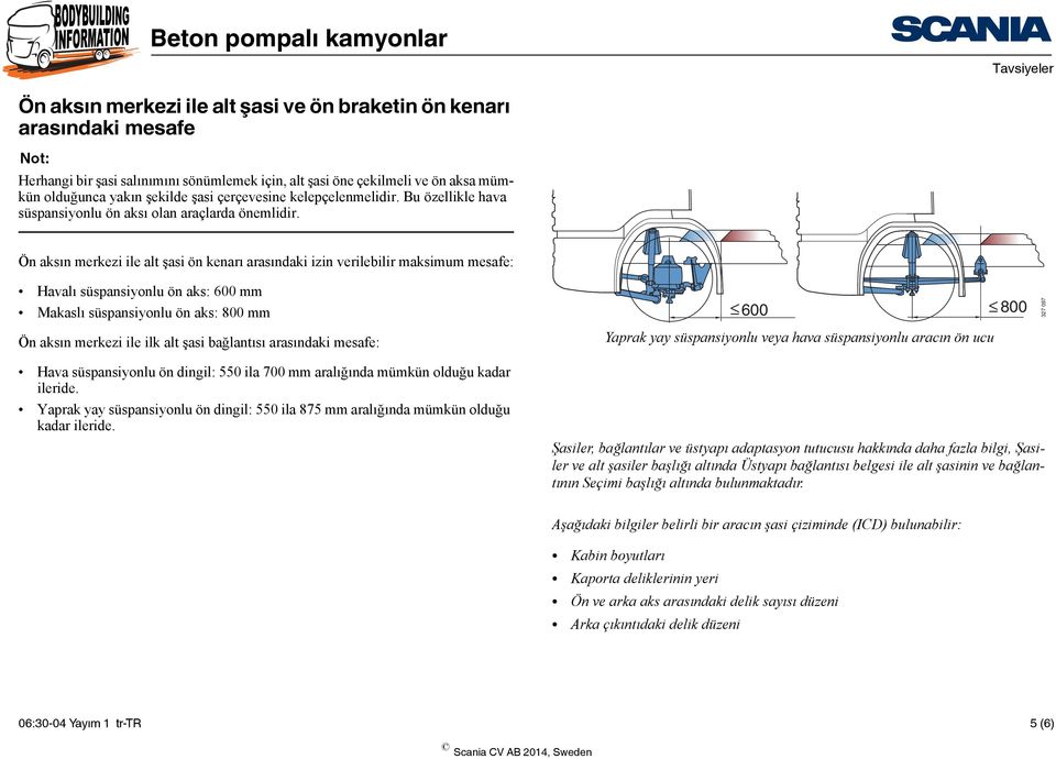 Ön aksın merkezi ile alt şasi ön kenarı arasındaki izin verilebilir maksimum mesafe: Havalı süspansiyonlu ön aks: 600 mm Makaslı süspansiyonlu ön aks: 800 mm 600 800 327 097 Ön aksın merkezi ile ilk