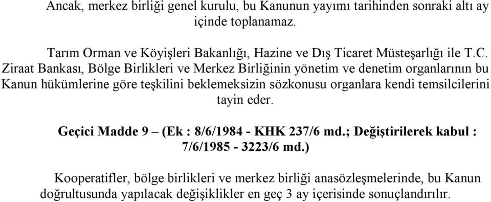 Ziraat Bankası, Bölge Birlikleri ve Merkez Birliğinin yönetim ve denetim organlarının bu Kanun hükümlerine göre teşkilini beklemeksizin sözkonusu