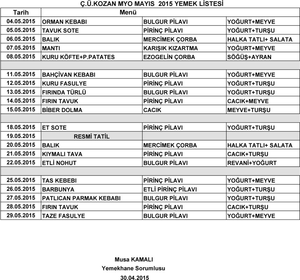 05.2015 FIRIN TAVUK PĠRĠNÇ PĠLAVI CACIK+MEYVE 15.05.2015 BĠBER DOLMA CACIK MEYVE+TURġU 18.05.2015 ET SOTE PĠRĠNÇ PĠLAVI YOĞURT+TURġU 19.05.2015 RESMĠ TATĠL 20.05.2015 BALIK MERCĠMEK ÇORBA HALKA TATLI+ SALATA 21.