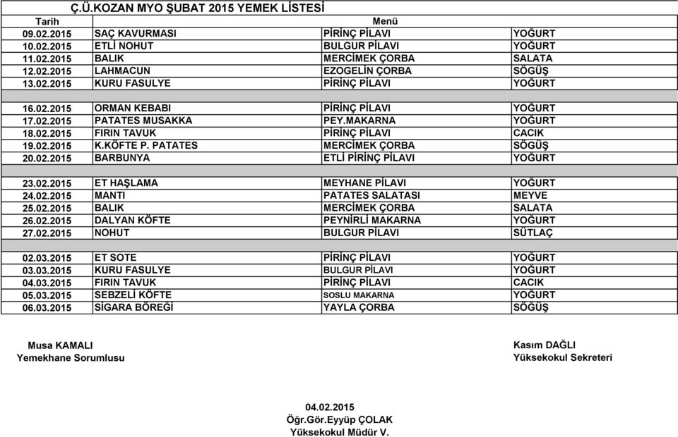 PATATES MERCĠMEK ÇORBA SÖGÜġ 20.02.2015 BARBUNYA ETLĠ PĠRĠNÇ PĠLAVI YOĞURT 23.02.2015 ET HAġLAMA MEYHANE PĠLAVI YOĞURT 24.02.2015 MANTI PATATES SALATASI MEYVE 25.02.2015 BALIK MERCĠMEK ÇORBA SALATA 26.