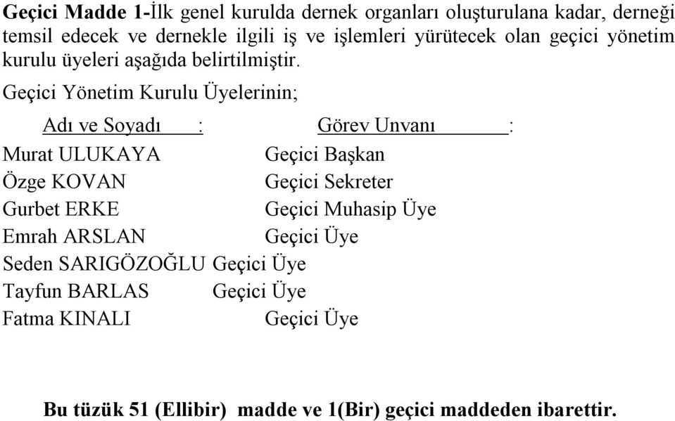 Geçici Yönetim Kurulu Üyelerinin; Adı ve Soyadı : Görev Unvanı : Murat ULUKAYA Geçici Başkan Özge KOVAN Geçici Sekreter Gurbet