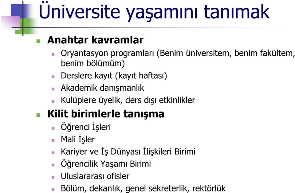 ders dışı etkinlikler Kilit birimlerle tanışma Öğrenci İşleri Mali İşler Kariyer ve İş Dünyası