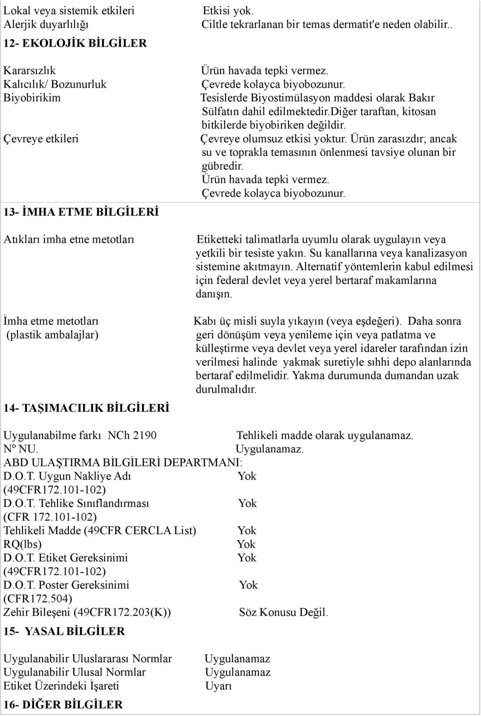 Tesislerde Biyostimülasyon maddesi olarak Bakır Sülfatın dahil edilmektedir.diğer taraftan, kitosan bitkilerde biyobiriken değildir. Çevreye olumsuz etkisi yoktur.