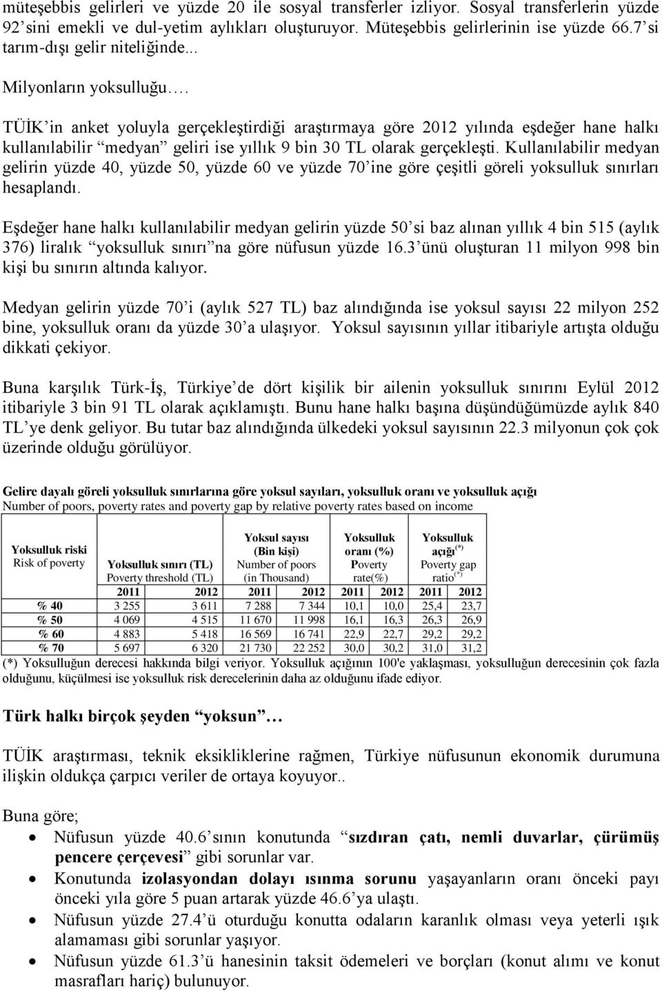 TÜİK in anket yoluyla gerçekleştirdiği araştırmaya göre 2012 yılında eşdeğer hane halkı kullanılabilir medyan geliri ise yıllık 9 bin 30 TL olarak gerçekleşti.