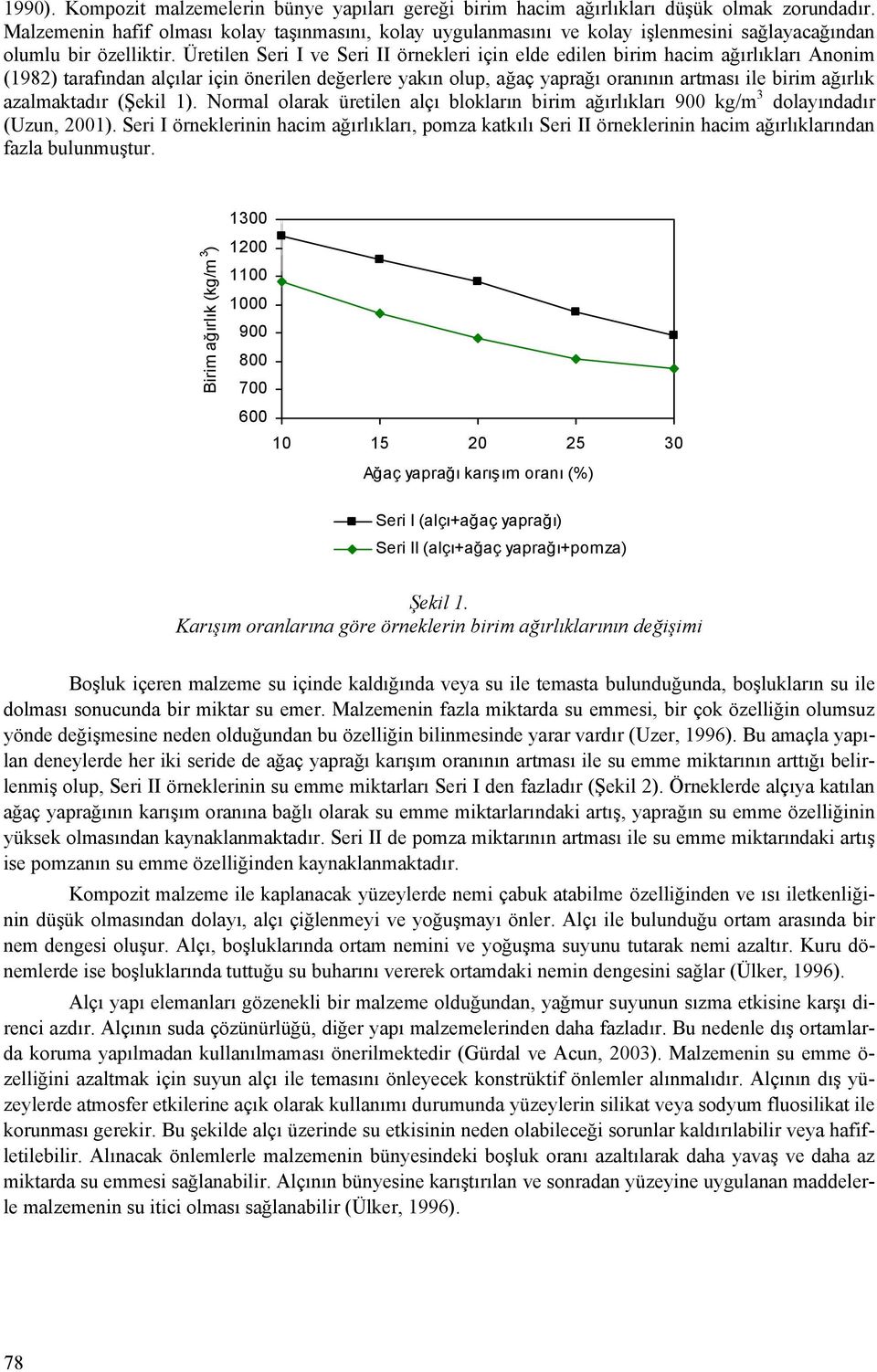 Üretilen Seri I ve Seri II örnekleri için elde edilen birim hacim ağırlıkları Anonim (1982) tarafından alçılar için önerilen değerlere yakın olup, ağaç yaprağı oranının artması ile birim ağırlık