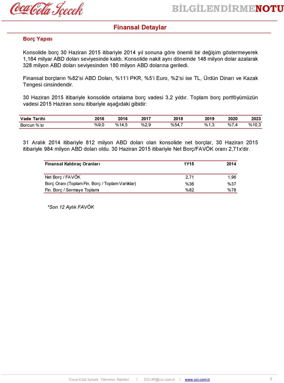 Finansal borçların %82 si ABD Doları, %11 i PKR, %5 i Euro, %2 si ise TL, Ürdün Dinarı ve Kazak Tengesi cinsindendir. 30 Haziran 2015 itibariyle konsolide ortalama borç vadesi 3,2 yıldır.