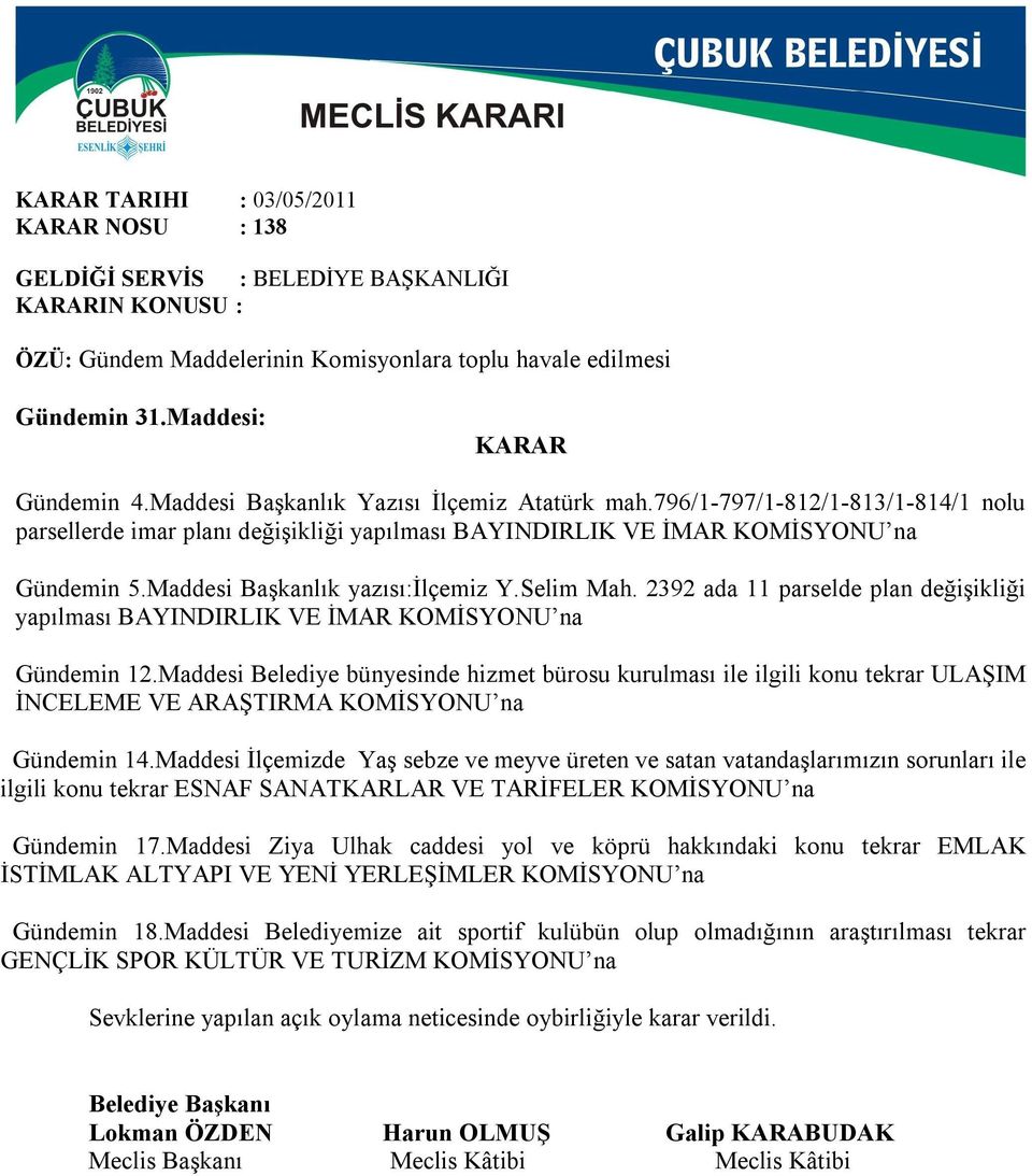 2392 ada 11 parselde plan değişikliği yapılması BAYINDIRLIK VE İMAR KOMİSYONU na Gündemin 12.