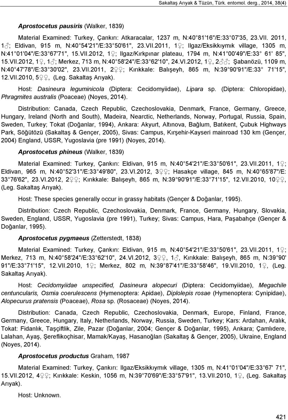 VII.2012, 1, 1 ; Merkez, 713 m, N:40 58'24"/E:33 62'10", 24.VI.2012, 1, 2 ; Şabanözü, 1109 m, N:40 47'78"/E:33 30'02", 23.VII.2011, 2 ; Kırıkkale: Balışeyh, 865 m, N:39 90'91"/E:33 71'15", 12.VII.2010, 5, Host: Dasineura leguminicola (Diptera: Cecidomyiidae), Lipara sp.