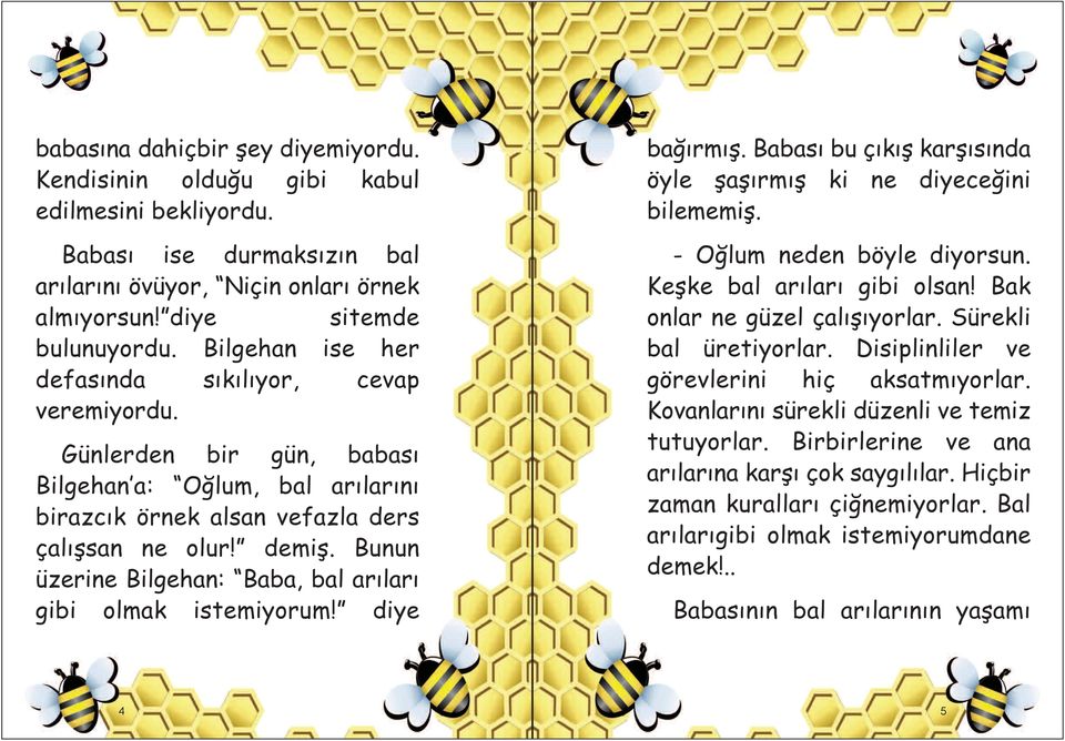 Bunun üzerine Bilgehan: Baba, bal arıları gibi olmak istemiyorum! diye bağırmış. Babası bu çıkış karşısında öyle şaşırmış ki ne diyeceğini bilememiş. - Oğlum neden böyle diyorsun.