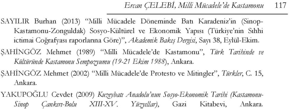 ŞAHİNGÖZ Mehmet (1989) Milli Mücadele de Kastamonu, Türk Tarihinde ve Kültüründe Kastamonu Sempozyumu (19-21 Ekim 1988), Ankara.