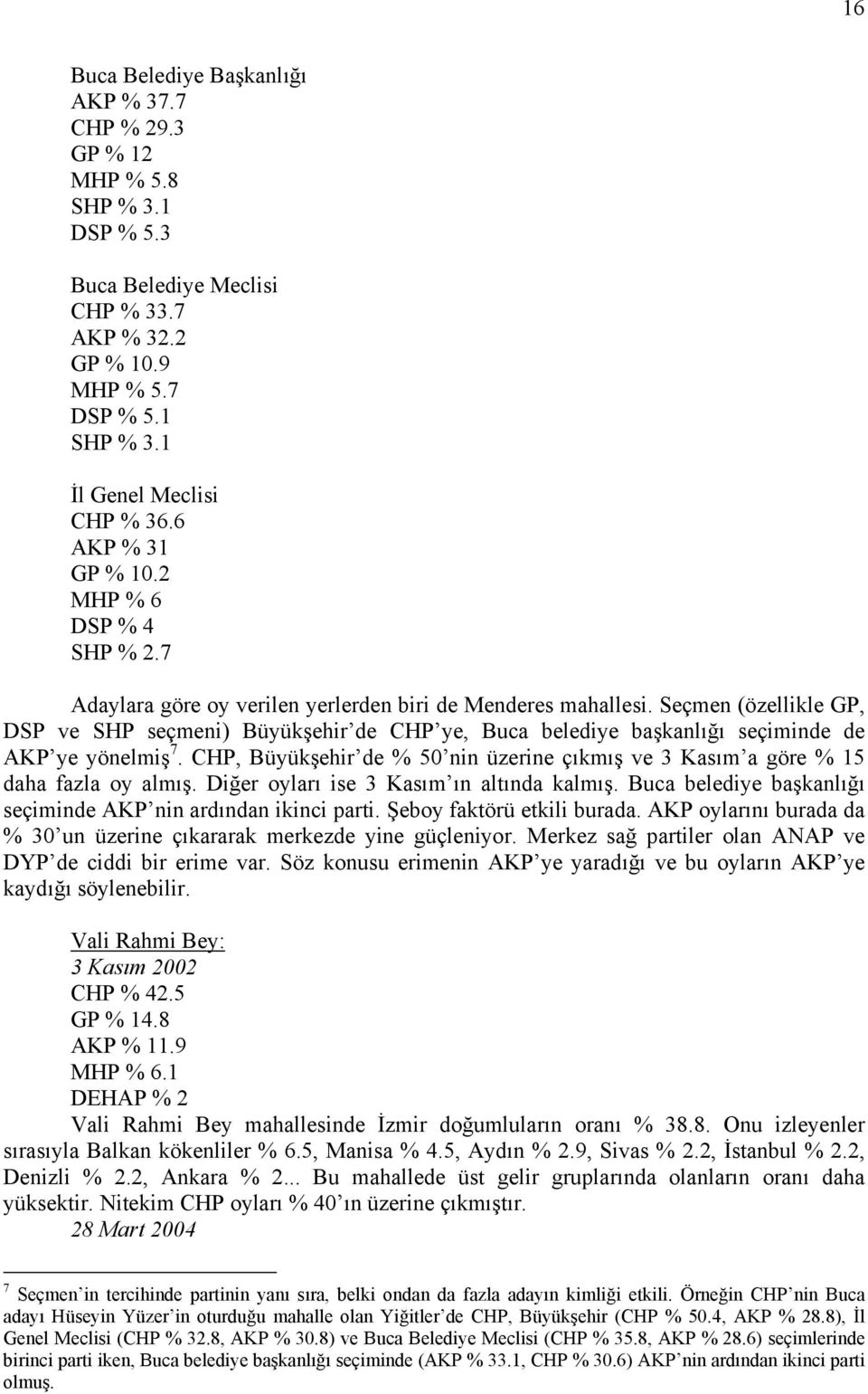 Seçmen (özellikle GP, DSP ve SHP seçmeni) Büyükşehir de CHP ye, Buca belediye başkanlığı seçiminde de AKP ye yönelmiş 7.