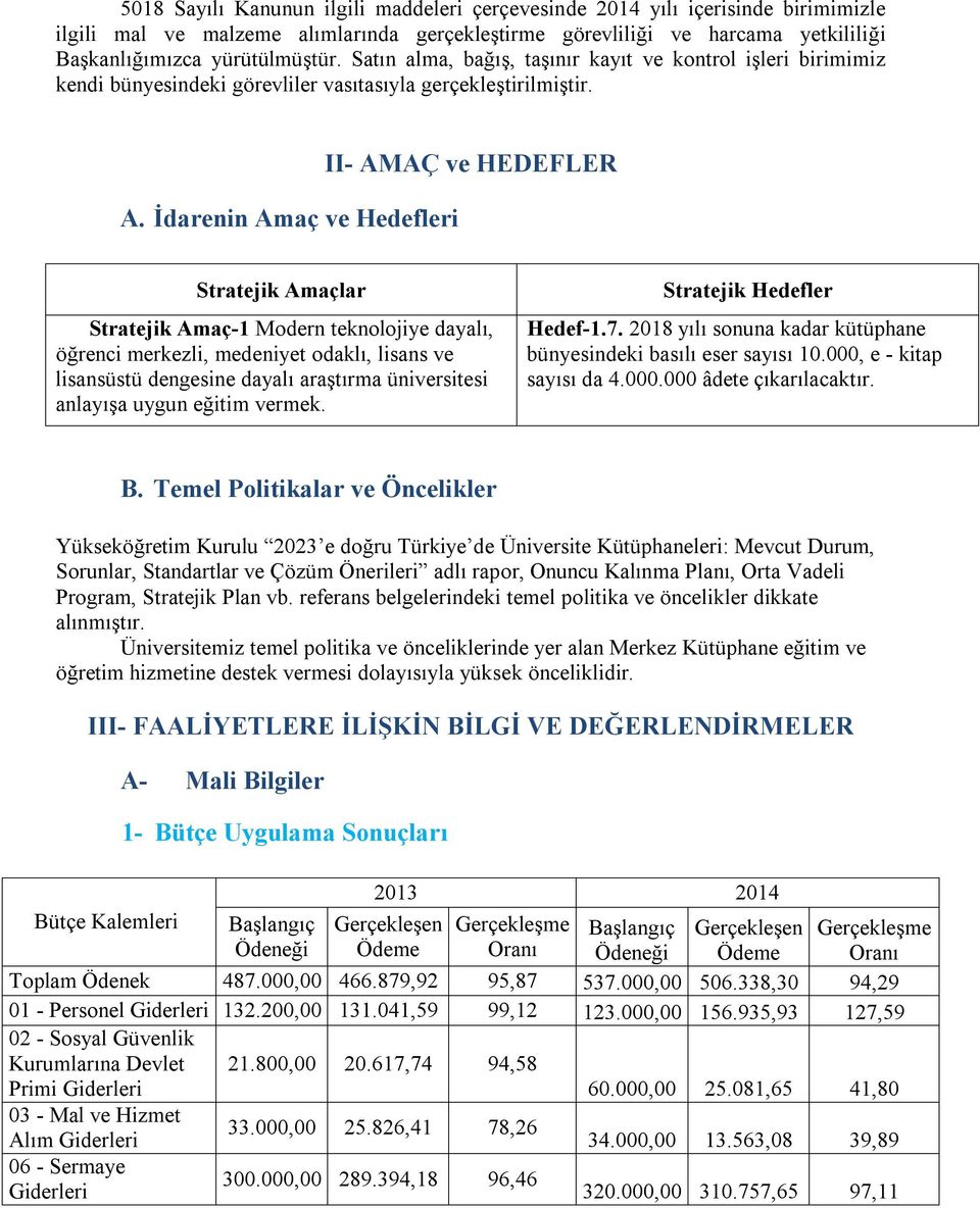 İdarenin Amaç ve Hedefleri II- AMAÇ ve HEDEFLER Stratejik Amaçlar Stratejik Amaç-1 Modern teknolojiye dayalı, öğrenci merkezli, medeniyet odaklı, lisans ve lisansüstü dengesine dayalı araştırma