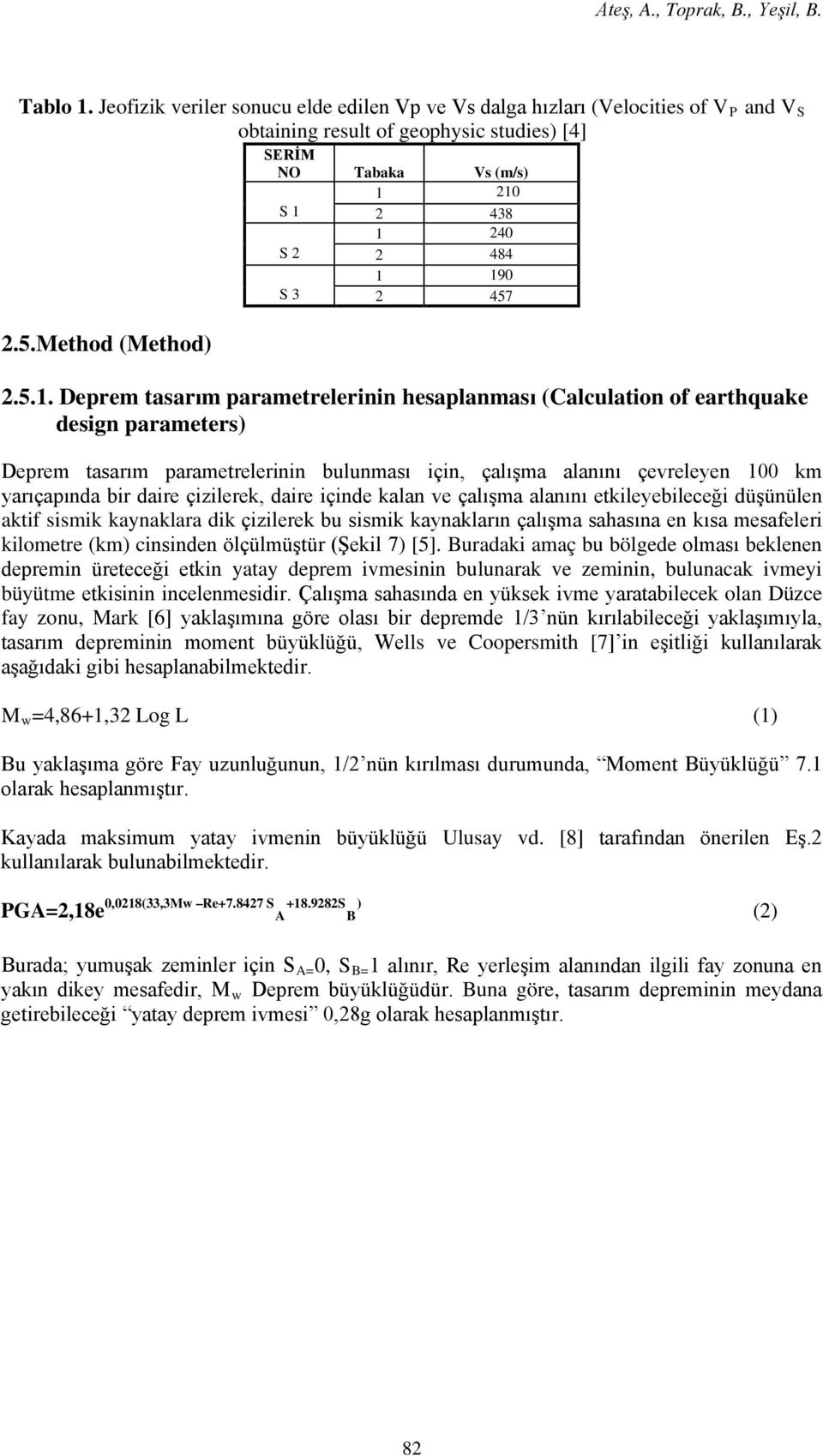 210 S 1 2 438 1 240 S 2 2 484 1 190 S 3 2 457 2.5.1. Deprem tasarım parametrelerinin hesaplanması (Calculation of earthquake design parameters) Deprem tasarım parametrelerinin bulunması için, çalışma