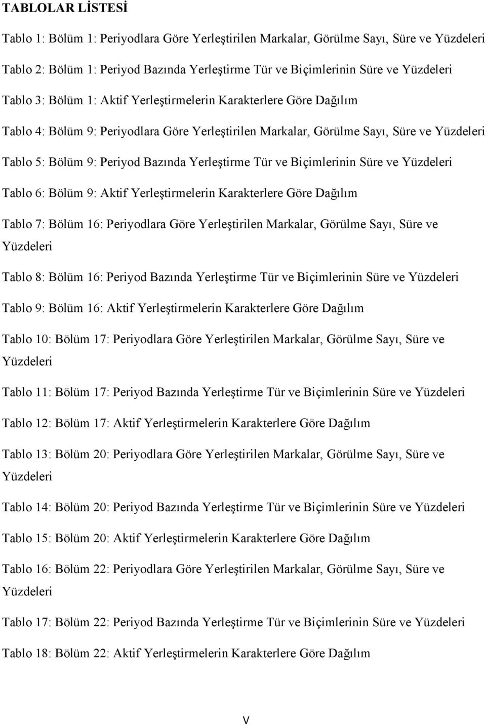 Tür ve Biçimlerinin Süre ve Yüzdeleri Tablo 6: Bölüm 9: Aktif Yerleştirmelerin Karakterlere Göre Dağılım Tablo 7: Bölüm 16: Periyodlara Göre Yerleştirilen Markalar, Görülme Sayı, Süre ve Yüzdeleri