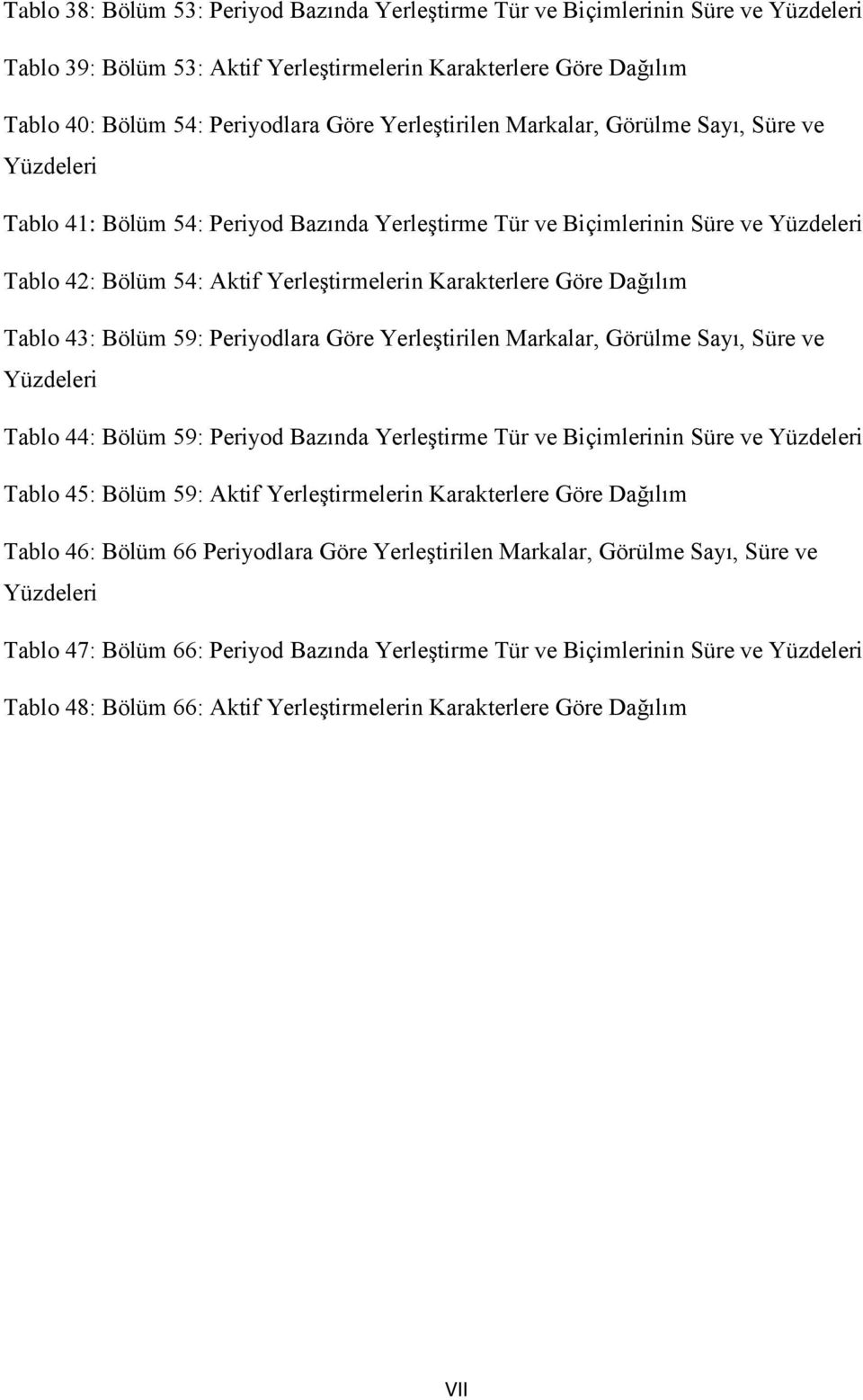 Göre Dağılım Tablo 43: Bölüm 59: Periyodlara Göre Yerleştirilen Markalar, Görülme Sayı, Süre ve Yüzdeleri Tablo 44: Bölüm 59: Periyod Bazında Yerleştirme Tür ve Biçimlerinin Süre ve Yüzdeleri Tablo