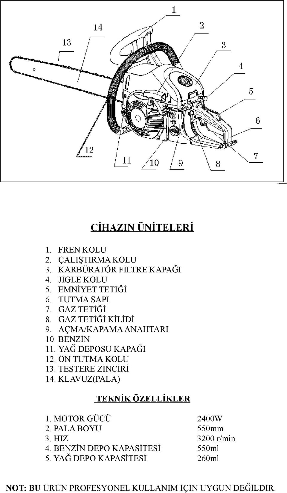 ÖN TUTMA KOLU 13. TESTERE ZİNCİRİ 14. KLAVUZ(PALA) TEKNİK ÖZELLİKLER 1. MOTOR GÜCÜ 2400W 2. PALA BOYU 550mm 3.