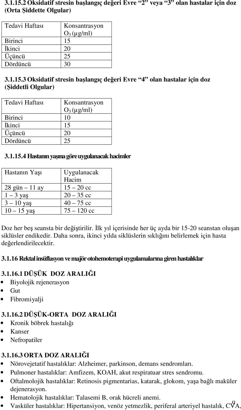 Đlk yıl içerisinde her üç ayda bir 15-20 seanstan oluşan siklüsler endikedir. Daha sonra, ikinci yılda siklüslerin sıklığını belirlemek için hasta değerlendirilecektir. 3.1.16 Rektal insüflasyon ve majör otohemoterapi uygulamalarına giren hastalıklar 3.