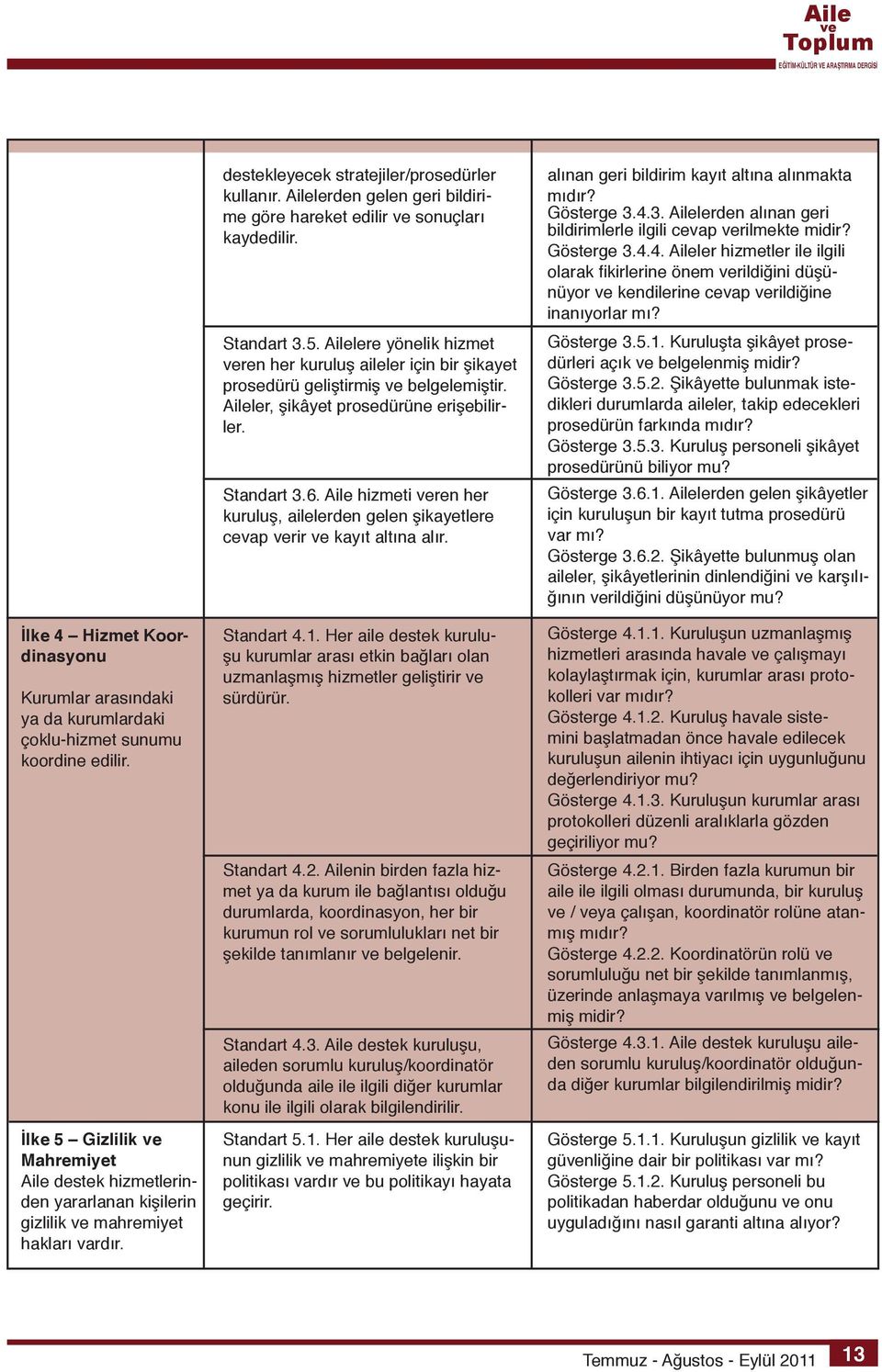 Ailelerden gelen geri bildirime göre hareket edilir sonuçları kaydedilir. Standart 3.5. Ailelere yönelik hizmet ren her kuruluş aileler için bir şikayet prosedürü geliştirmiş belgelemiştir.