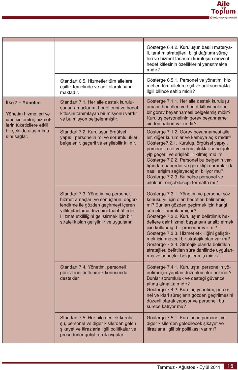 Standart 7.1. Her aile destek kuruluşunun amaçlarını, hedeflerini hedef kitlesini tanımlayan bir misyonu vardır bu misyon belgelenmiştir. Standart 7.2.