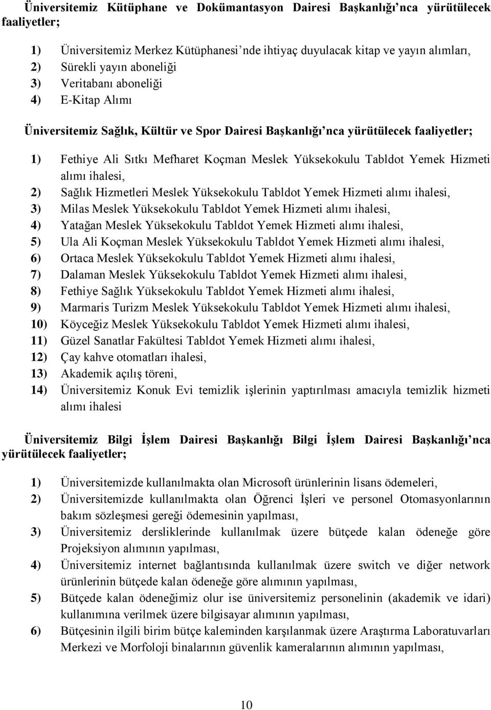 Hizmeti alımı ihalesi, 2) Sağlık Hizmetleri Meslek Yüksekokulu Tabldot Yemek Hizmeti alımı ihalesi, 3) Milas Meslek Yüksekokulu Tabldot Yemek Hizmeti alımı ihalesi, 4) Yatağan Meslek Yüksekokulu