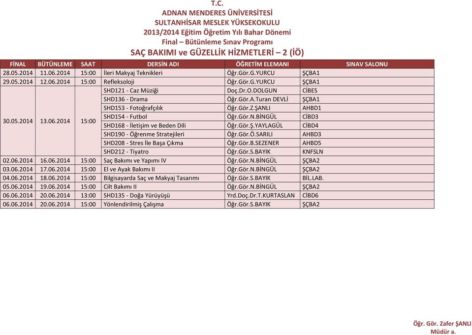 Gör.N.BİNGÜL ŞÇBA2 04.06.2014 18.06.2014 15:00 Bilgisayarda Saç ve Makyaj Tasarımı Öğr.Gör.S.BAYIK BİL.LAB. 05.06.2014 19.06.2014 15:00 Cilt Bakımı II Öğr.Gör.N.BİNGÜL ŞÇBA2 06.06.2014 20.