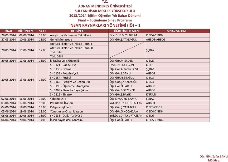 Gör.M.ERDEN ŞÇBA2 CİBD5 30.05.2014 13.06.2014 15:00 SHD168 - İletişim ve Beden Dili Öğr.Gör.Ş.YAYLAGÜL CİBD4 02.06.2014 16.06.2014 14:00 Yabancı Dil II Öğr.Elm.A.KIZILKAYA ŞÇBA2 03.06.2014 17.06.2014 13:00 Pazarlama İlkeleri Yrd.