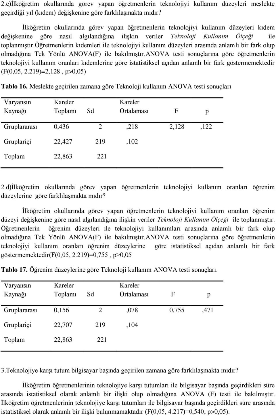 öğretmenlerin kıdemleri ile teknolojiyi kullanım düzeyleri arasında anlamlı bir fark olup olmadığına Tek Yönlü ANOVA(F) ile bakılmıştır.