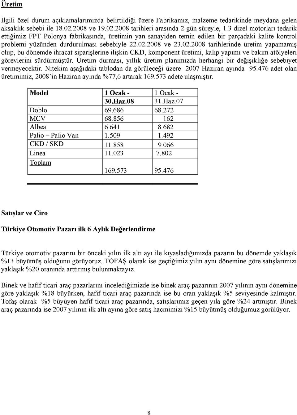 2008 ve 23.02.2008 tarihlerinde üretim yapamamış olup, bu dönemde ihracat siparişlerine ilişkin CKD, komponent üretimi, kalıp yapımı ve bakım atölyeleri görevlerini sürdürmüştür.