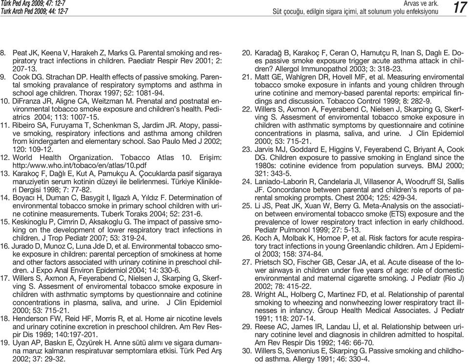 Thorax 1997; 52: 1081-94. 10. DiFranza JR, Aligne CA, Weitzman M. Prenatal and postnatal environmental tobacco smoke exposure and children s health. Pediatrics 2004; 113