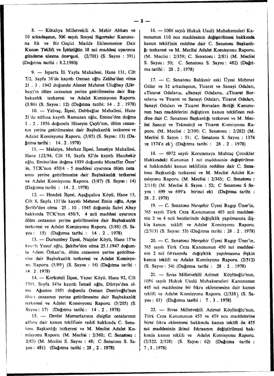 Sayısı : 391) (Dağıtma tarihi : 8.2.1980) 9. İsparta ili Yayla Mahallesi, Hane 131, Cilt 7/2, Sayfa 38'de kayıtlı Osman oğlu Zeliha'dan olma 21. 3. 1942 doğumlu Ahmet Mehmet Uluğbay (Uto* bay)'ın ölüm cezasının yerine getirilmesine dair Başbakanlık tezkeresi ve Adalet Komisyonu Raporu.