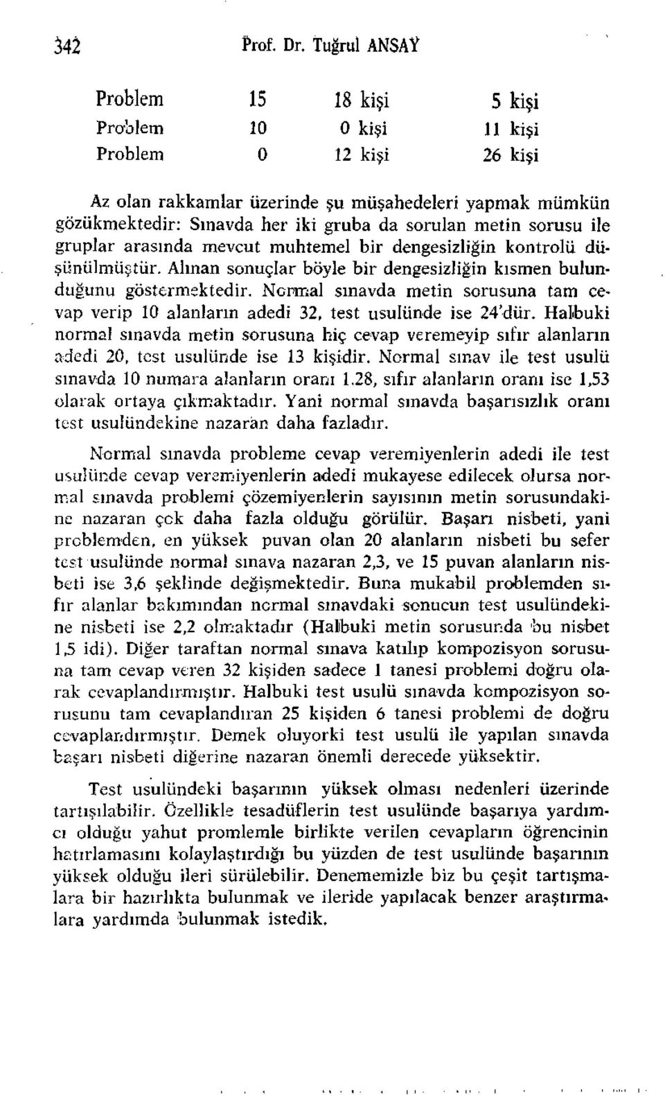 muhtemel bir dengesizliğin kontrolü düşünülmüştür. Alınan sonuçlar böyle bir dengesizliğin kısmen bulunduğunu göstermektedir.