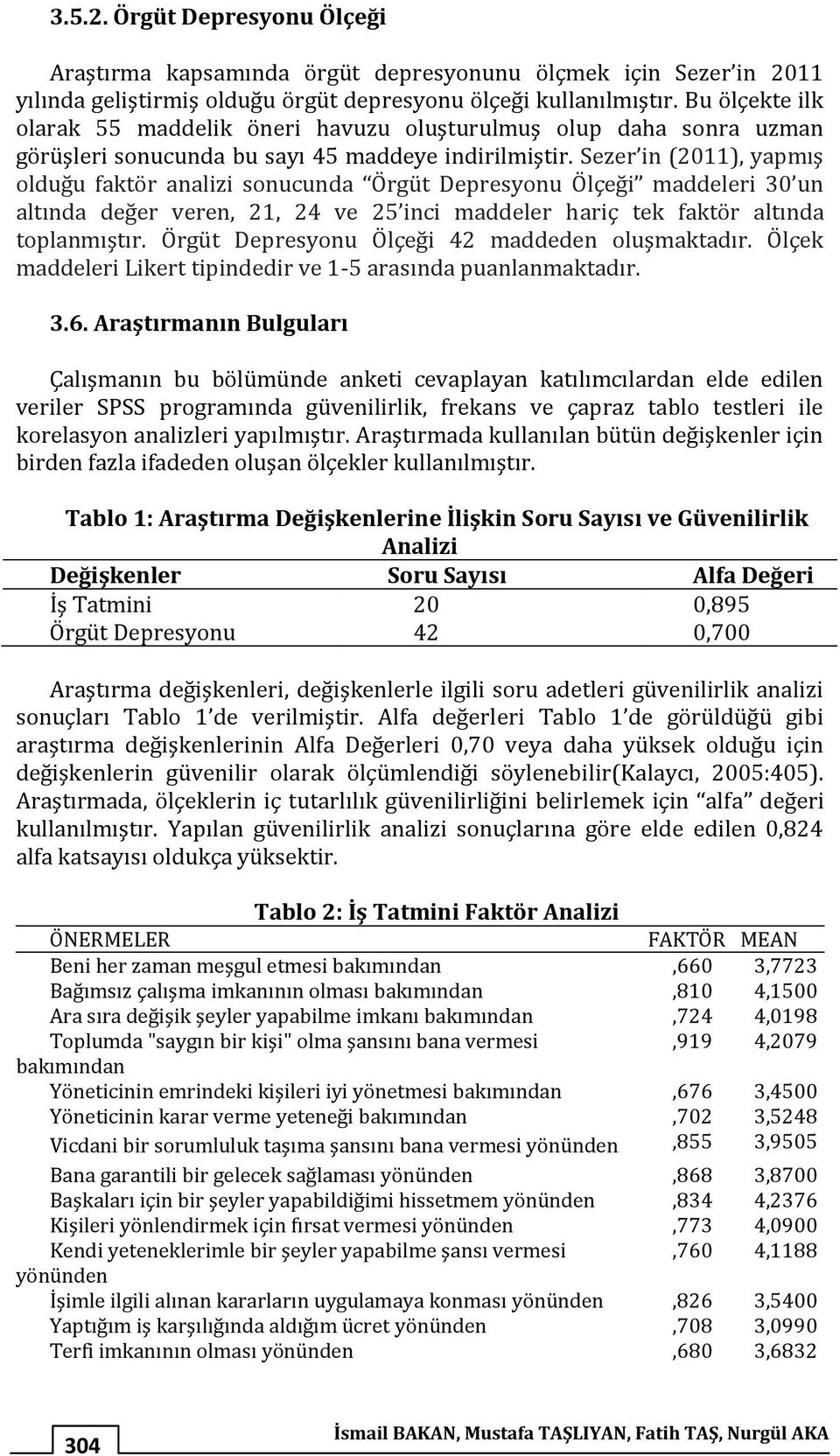 Sezer in (2011), yapmış olduğu faktör analizi sonucunda Örgüt Depresyonu Ölçeği maddeleri 30 un altında değer veren, 21, 24 ve 25 inci maddeler hariç tek faktör altında toplanmıştır.