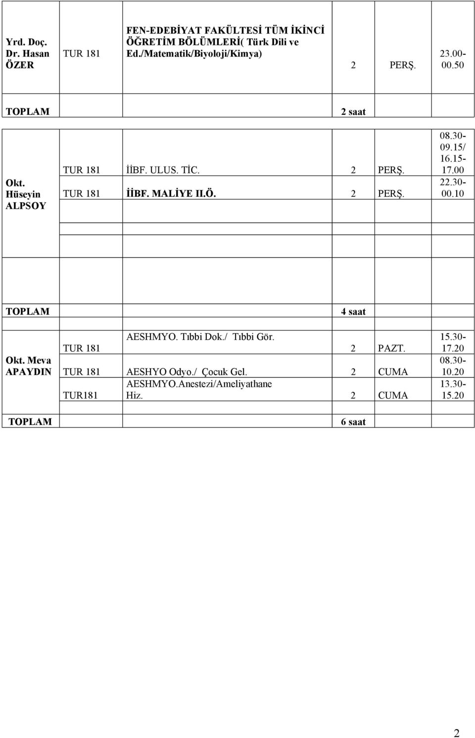 Ö. PERŞ. 09.15/ 16.15-.30-00.10 4 saat AESHMYO. Tıbbi Dok./ Tıbbi Gör. Okt.