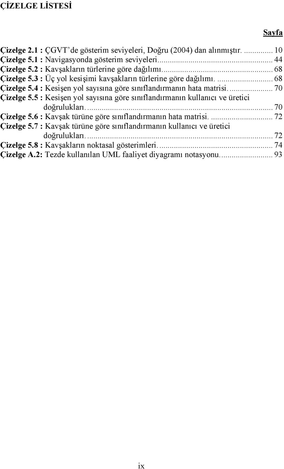 .. 70 Çizelge 5.5 : Kesişen yol sayısına göre sınıflandırmanın kullanıcı ve üretici doğrulukları... 70 Çizelge 5.6 : Kavşak türüne göre sınıflandırmanın hata matrisi.... 72 Çizelge 5.