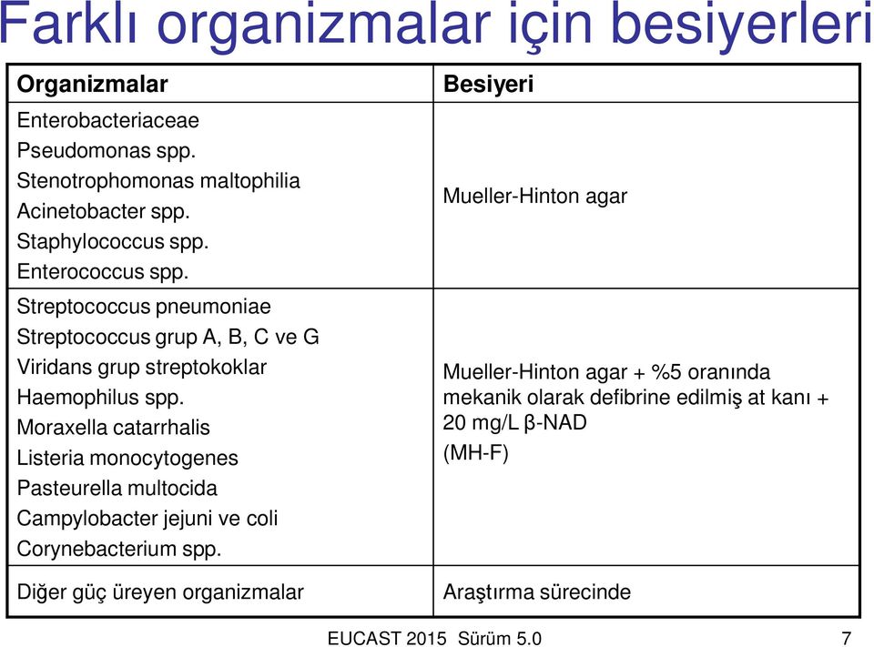 Moraxella catarrhalis Listeria monocytogenes Pasteurella multocida Campylobacter jejuni ve coli Corynebacterium spp.