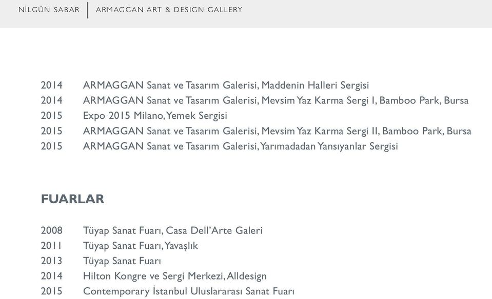 ARMAGGAN Sanat ve Tasarım Galerisi, Yarımadadan Yansıyanlar Sergisi FUARLAR 2008 Tüyap Sanat Fuarı, Casa Dell Arte Galeri 2011 Tüyap