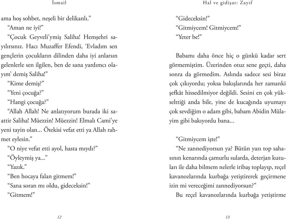 Ne anlatıyorum burada iki saattir Saliha! Müezzin! Müezzin! Elmalı Cami ye yeni tayin olan... Ötekisi vefat etti ya Allah rahmet eylesin. O niye vefat etti ayol, hasta mıydı? Öyleymiş ya... Yazık.