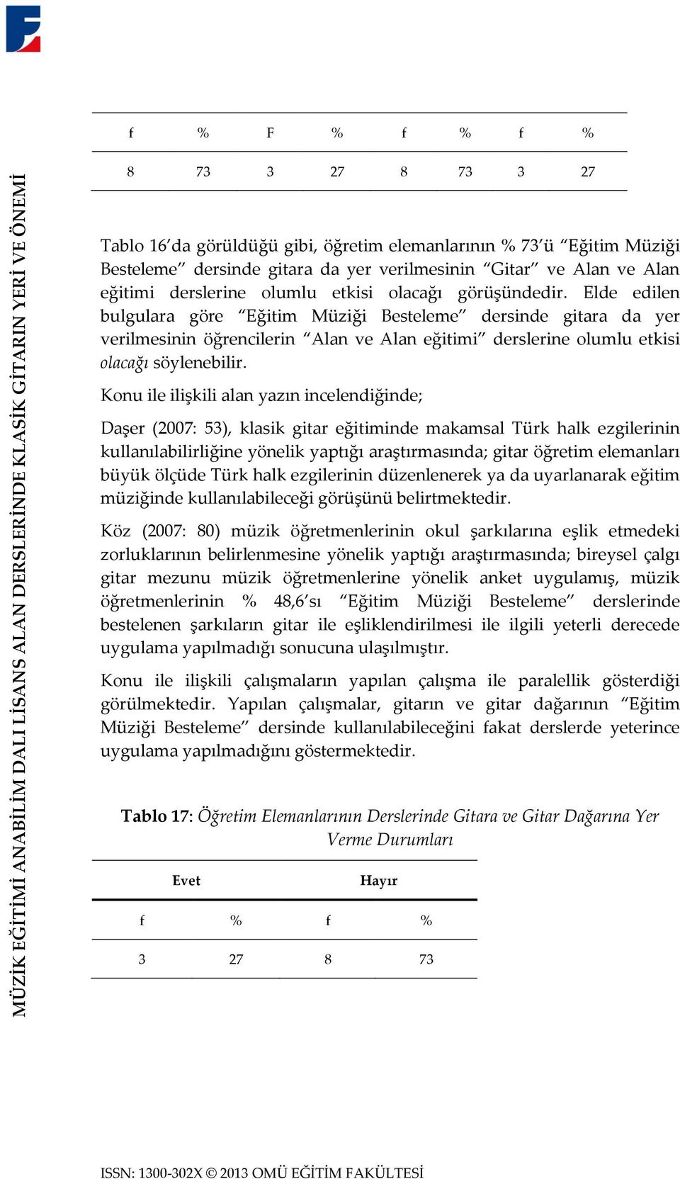 Elde edilen bulgulara göre Eğitim Müziği Besteleme dersinde gitara da yer verilmesinin öğrencilerin Alan ve Alan eğitimi derslerine olumlu etkisi olacağı söylenebilir.